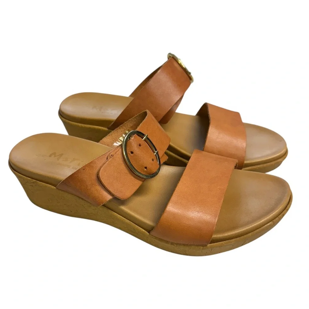 Mariella Wedge Slip on Tan Leather Sandals Size 7.5M